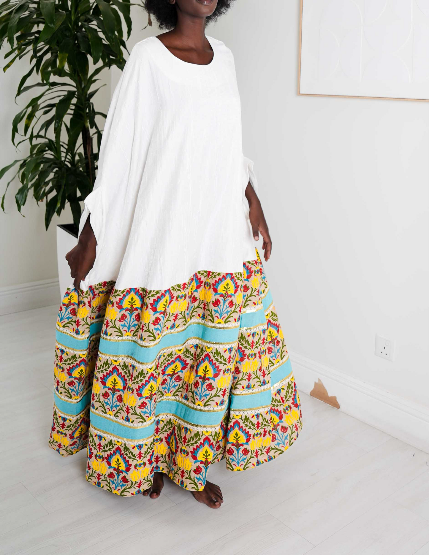 White Embroidered Floral Kaftan with Vibrant Border