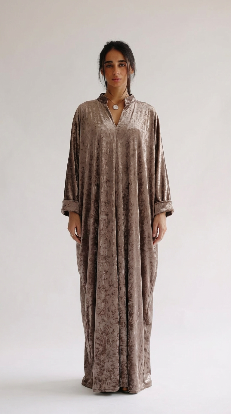 Golden Beige Velvet Free-Size Kaftan