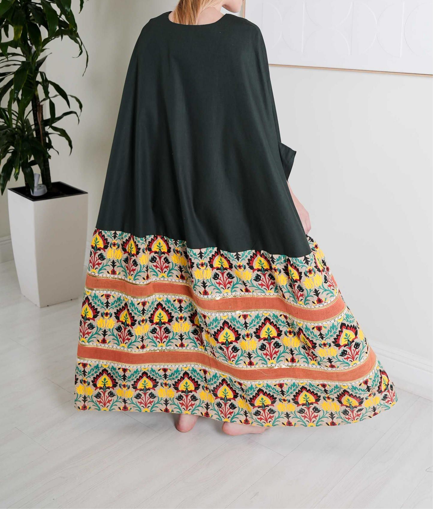 Two-Tone Floral Kaftan with Dark Green Top