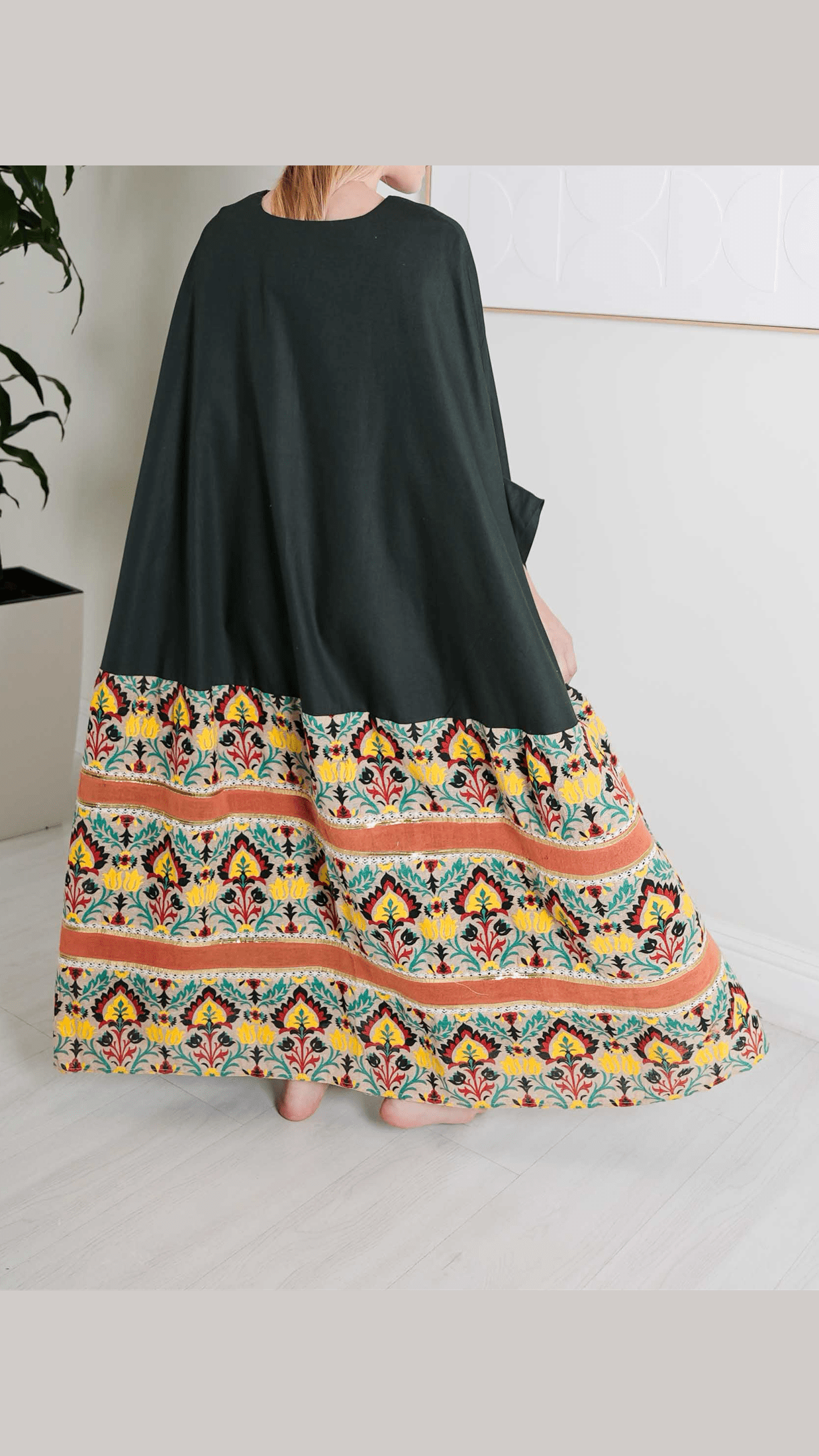 Two-Tone Floral Kaftan with Dark Green Top