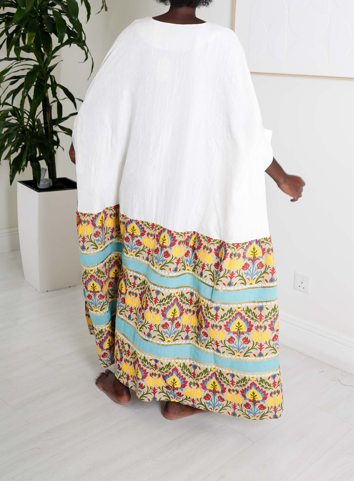 White Embroidered Floral Kaftan with Vibrant Border