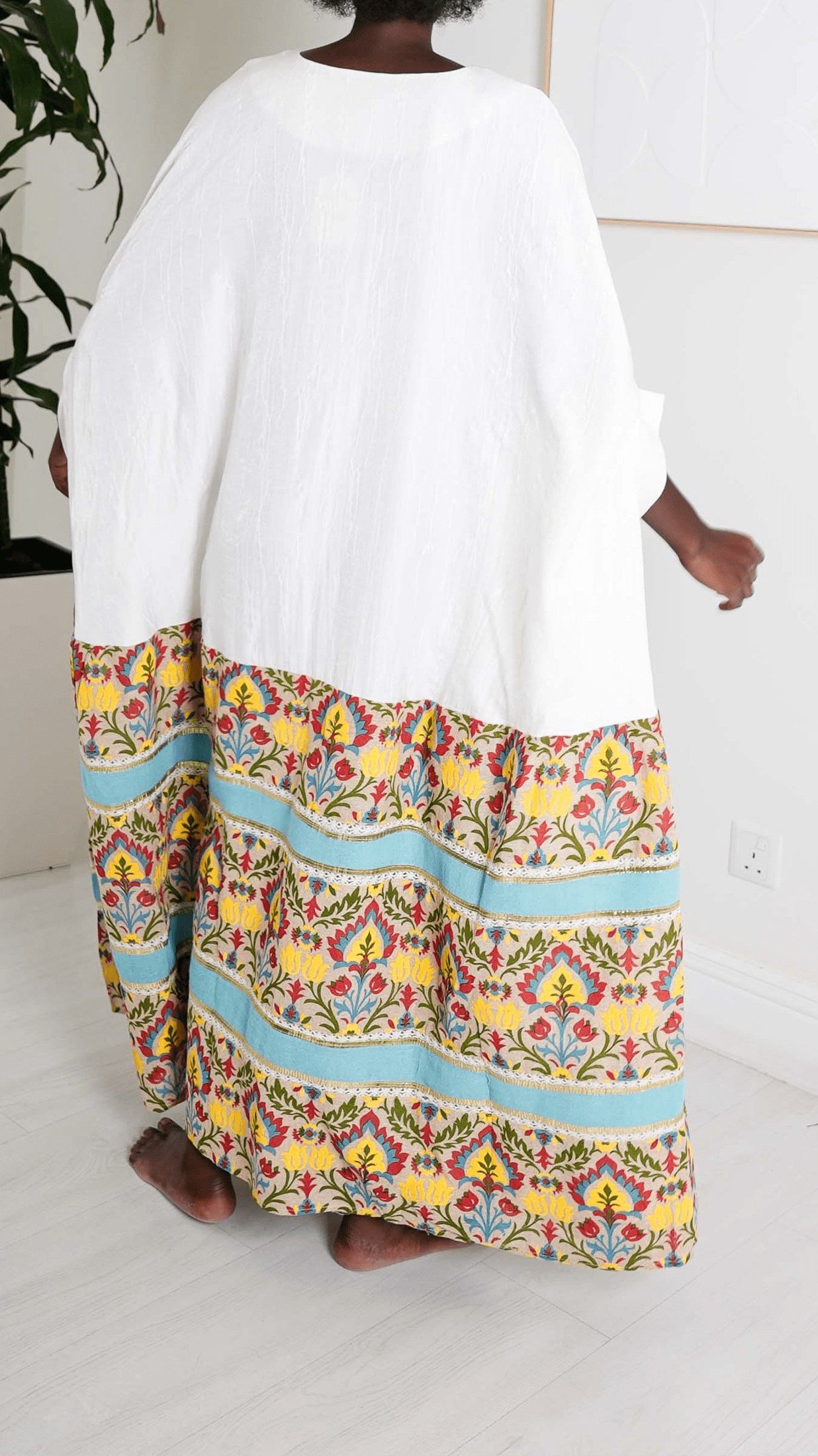 White Embroidered Floral Kaftan with Vibrant Border
