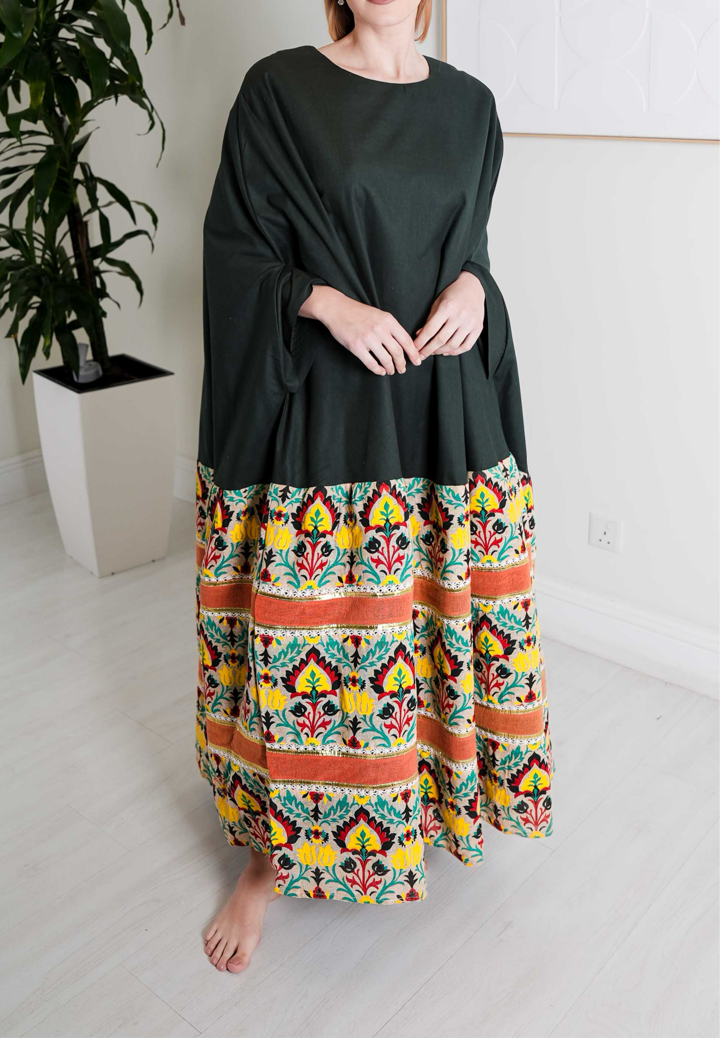 Two-Tone Floral Kaftan with Dark Green Top