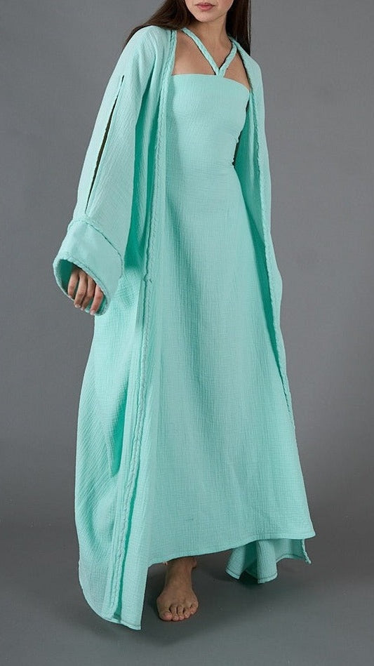 طقم قفطان من الشاش الأخضر الأنيق مكون من قطعتين، مبطن