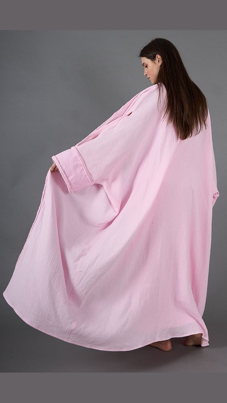 طقم قفطان من الشاش باللون الوردي الأنيق، مكون من قطعتين، مبطن