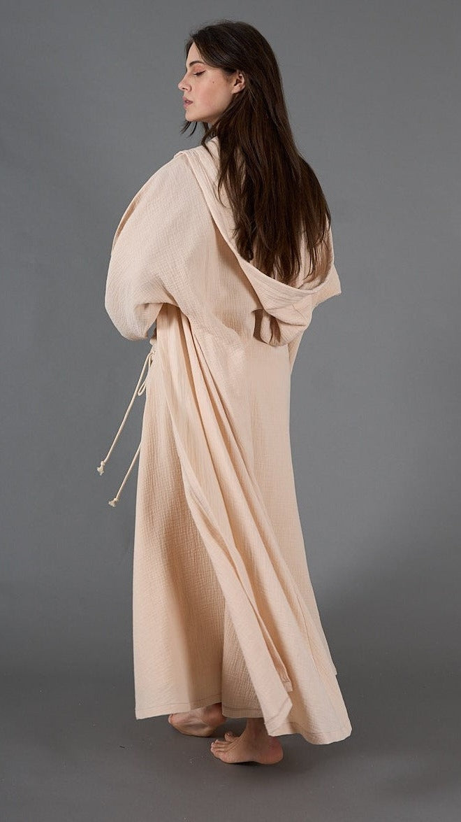 طقم قفطان من الشاش بغطاء للرأس، مكون من قطعتين باللون البيج، من أجل النعيم المنعش