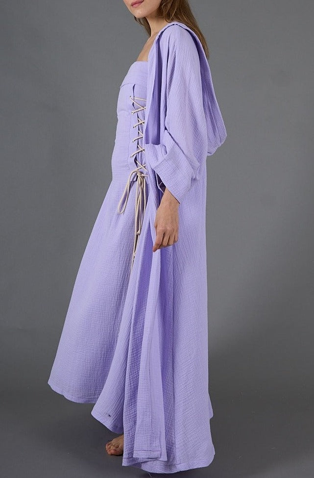 Purple Two piece breezy bliss: gauze hooded kaftan set, lined
