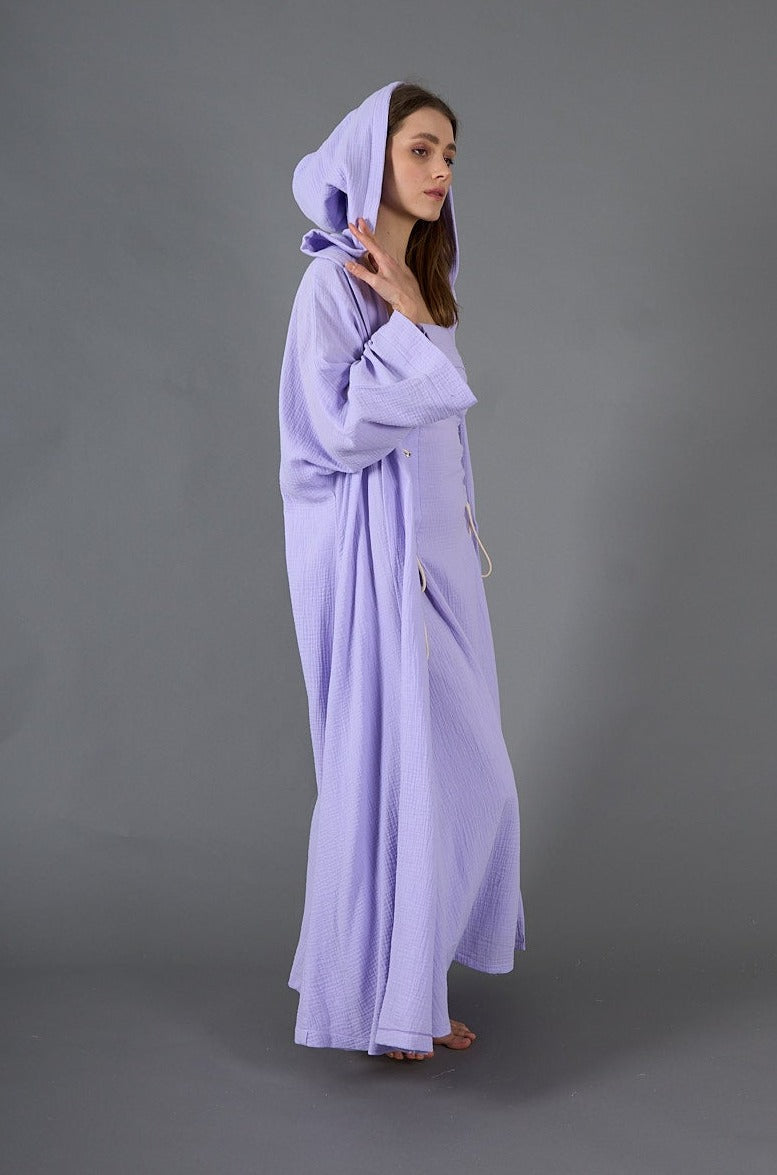 Purple Two piece breezy bliss: gauze hooded kaftan set, lined