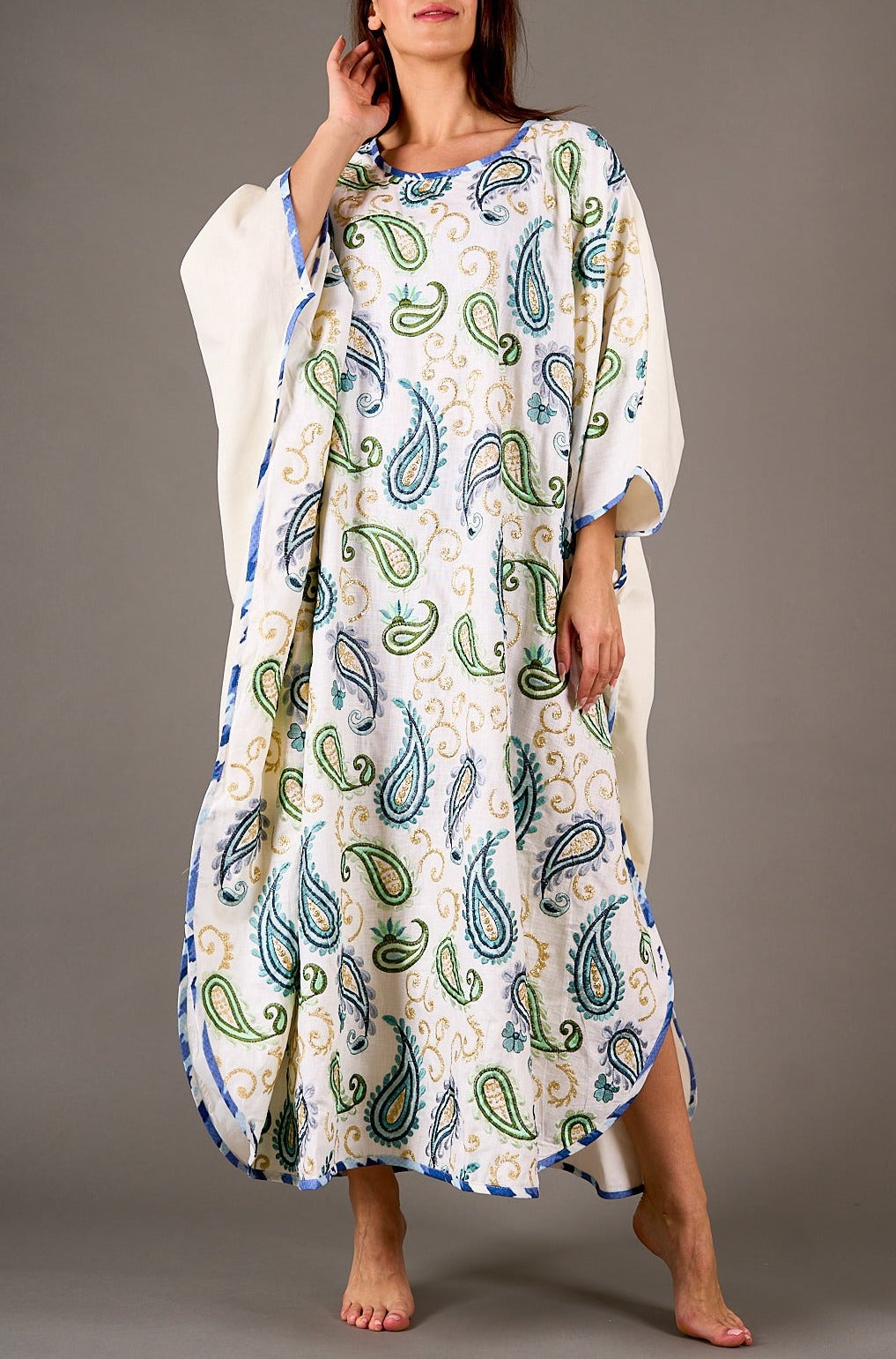 Colorful embroidery off white kaftan