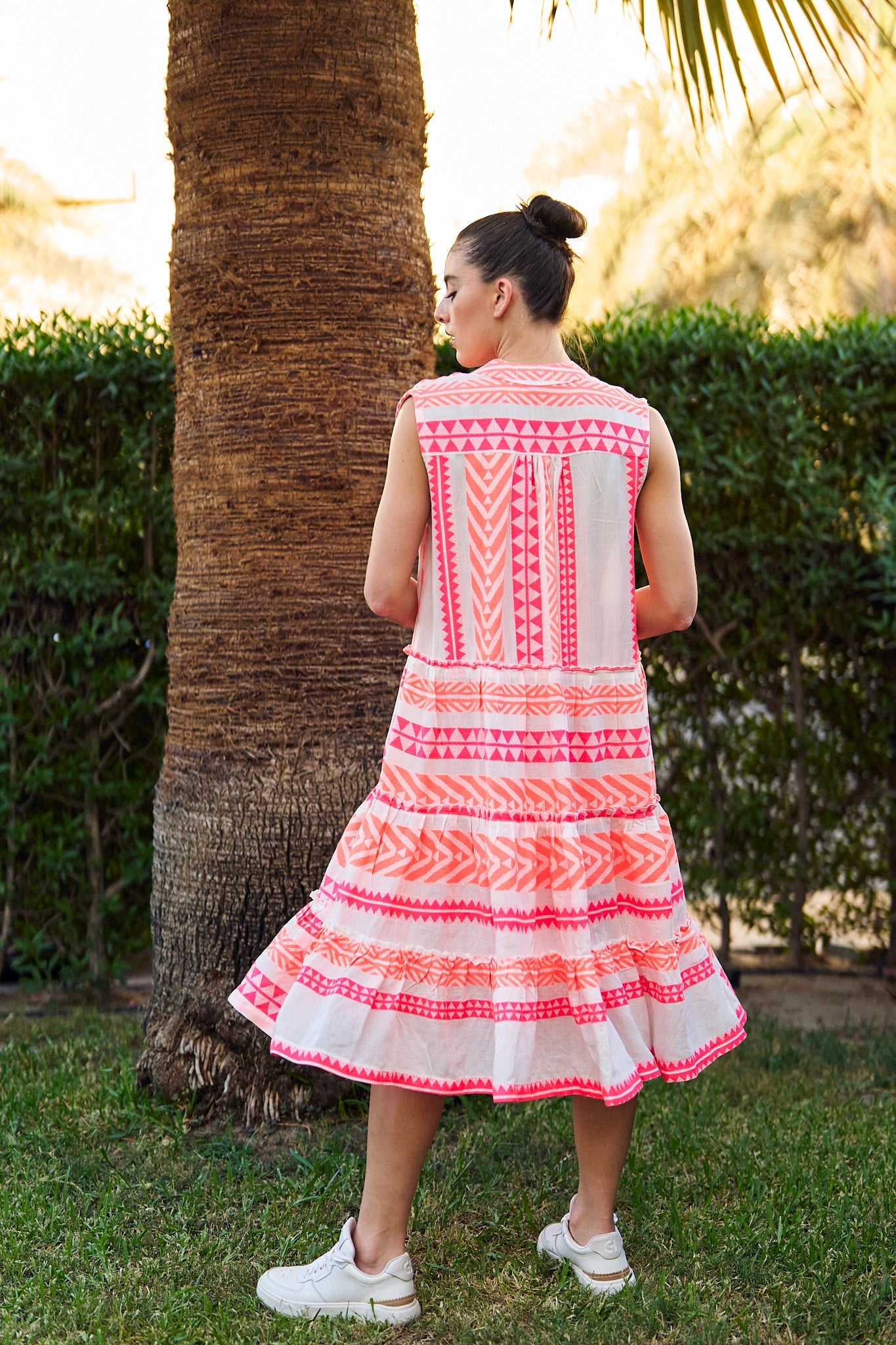 Pink & Orange Sleeveless Midi Summer Dress