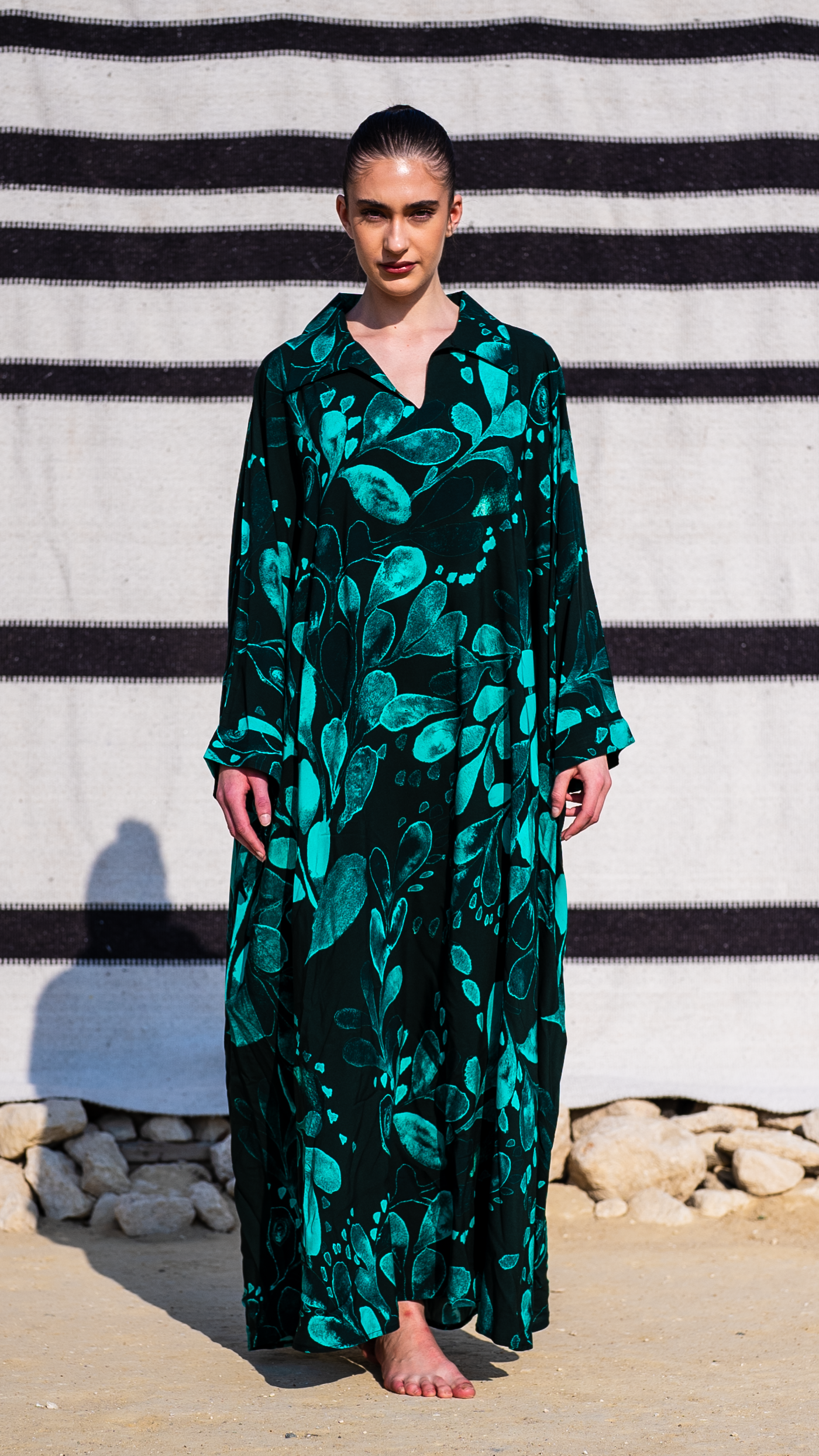 Emerald Garden Kaftan - Green Floral Print, 55-Inch Length