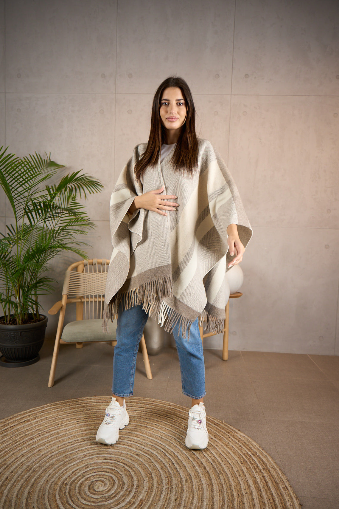 Beige Women's Cashmere Wool Poncho - Soft, Warm, and Stylish - Freesize