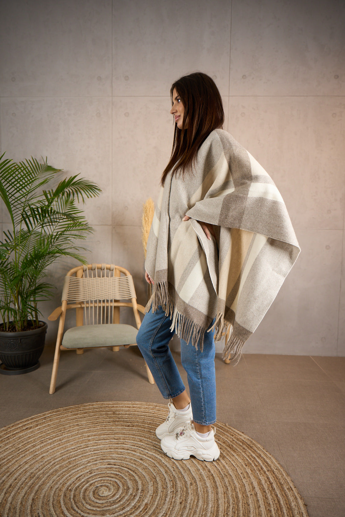 Beige Women's Cashmere Wool Poncho - Soft, Warm, and Stylish - Freesize