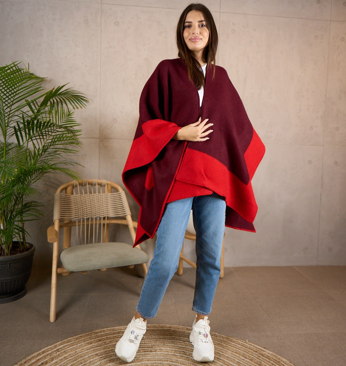 Red Women's Cashmere Wool Poncho - Soft, Warm, and Stylish - Freesize