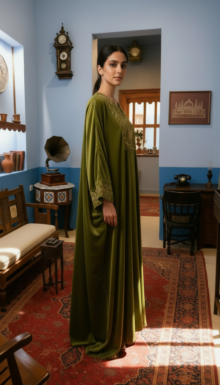 قفطان مخملي أخضر مطرز بالزهور