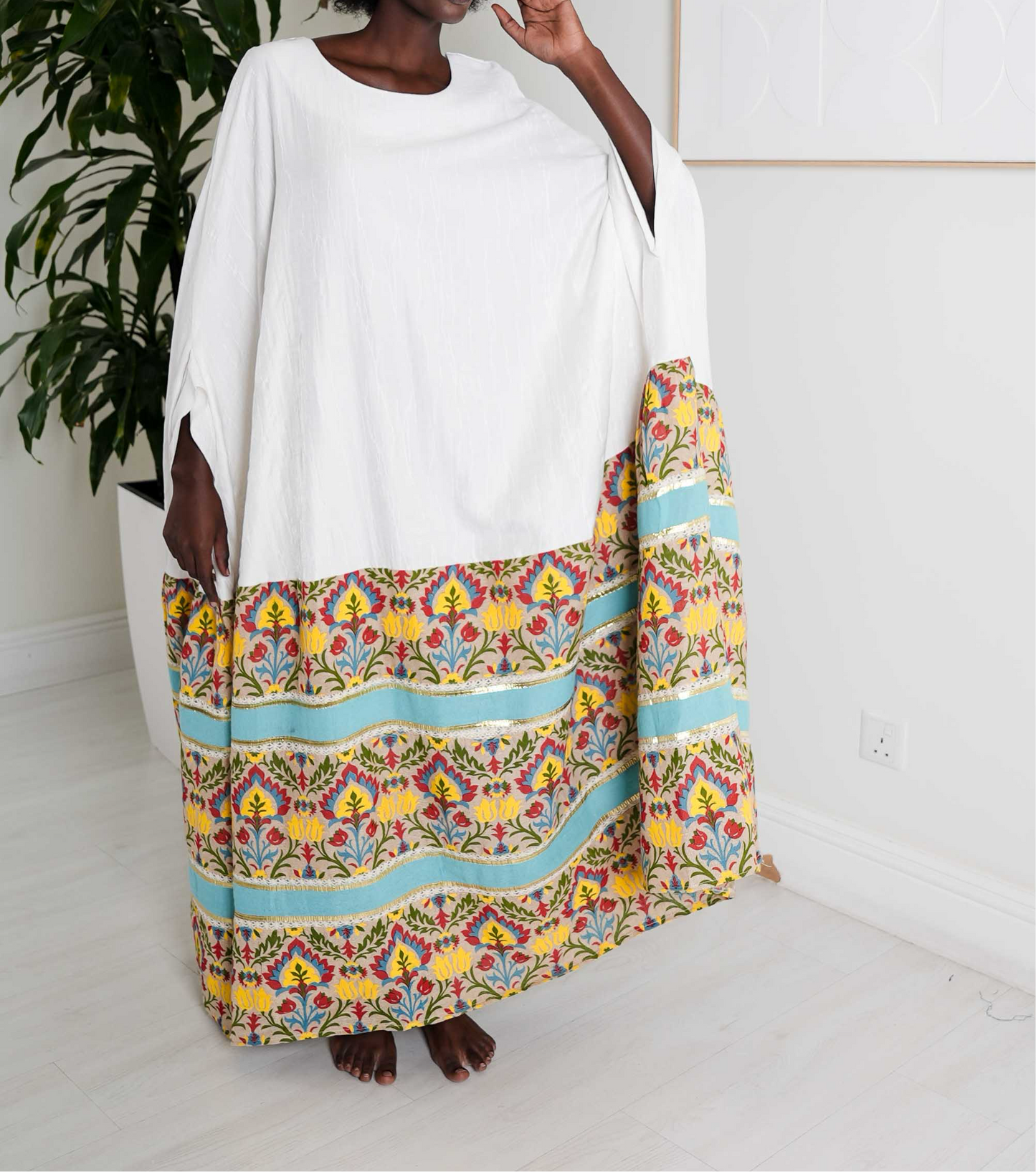 White Embroidered Floral Kaftan with Vibrant Border