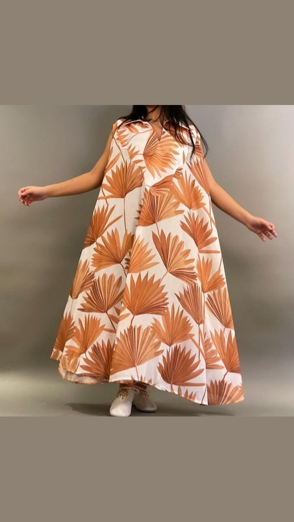 فستان قفطان بدون أكمام بطبعة أوراق الخريف