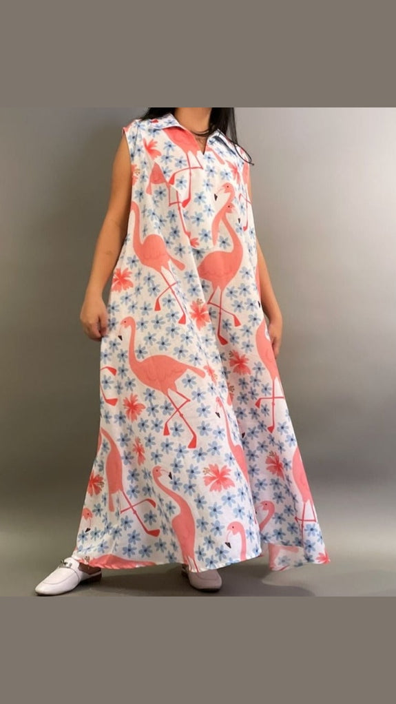 فستان قفطان بدون أكمام بطبعة فلامنغو