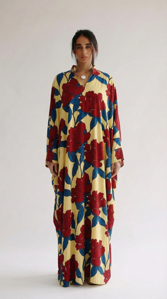 Woman wearing a colorful floral dress against a white background