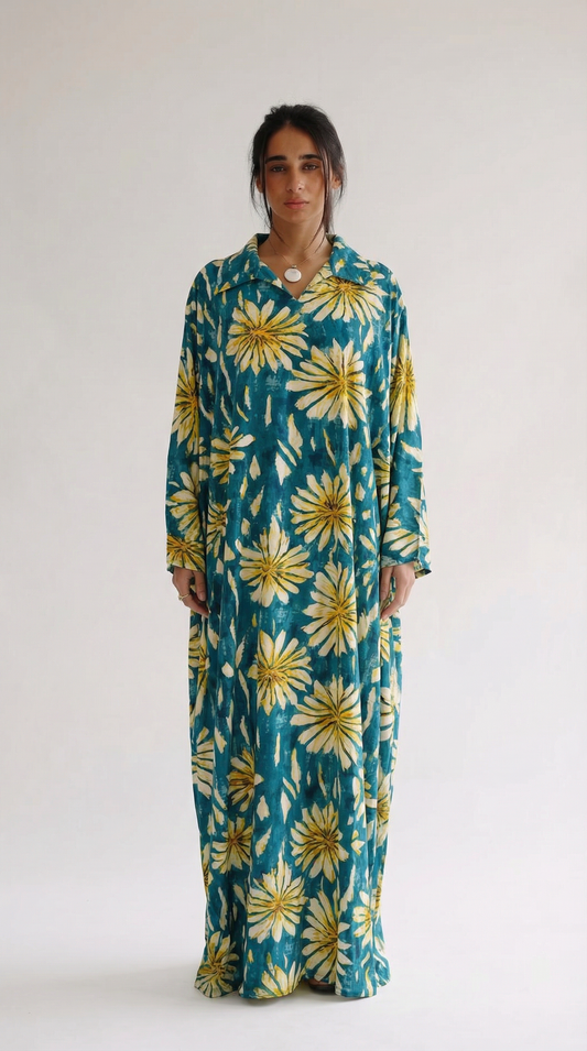 Woman wearing a long floral dress with a white background