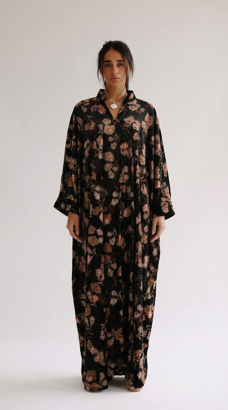 Woman wearing a black floral dress against a white background