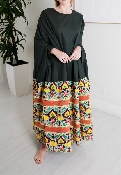 Two-Tone Floral Kaftan with Dark Green Top