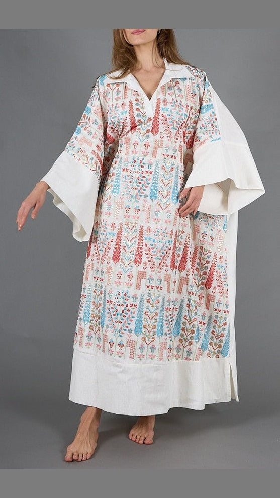 White Kaftan with colorful embroidery with internal belt, lined