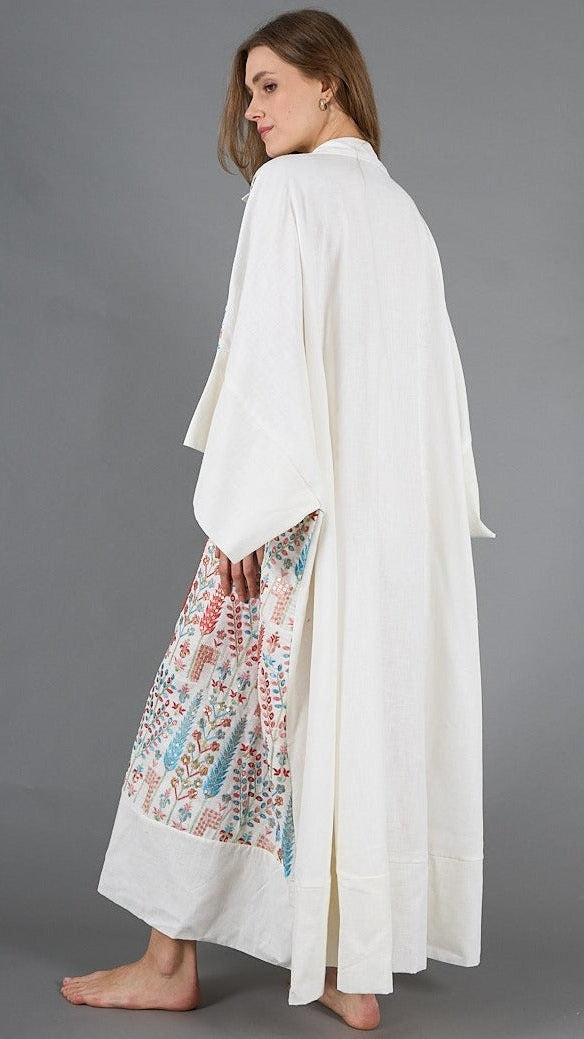 White Kaftan with colorful embroidery with internal belt, lined