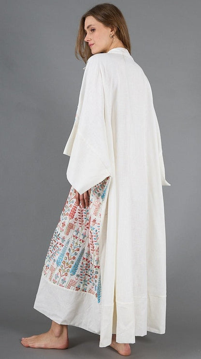 White Kaftan with colorful embroidery with internal belt, lined