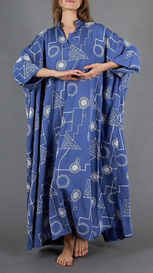 Navy Blue with white embroidery kaftan, lined