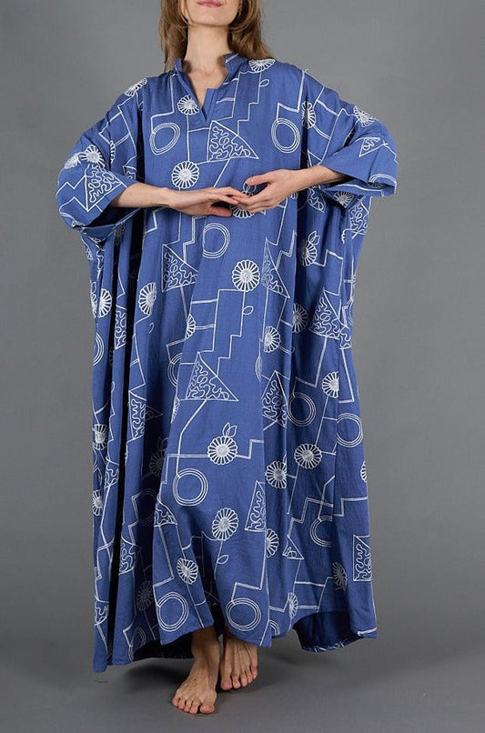 Navy Blue with white embroidery kaftan, lined