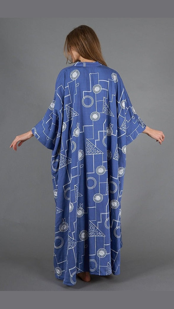 Navy Blue with white embroidery kaftan, lined