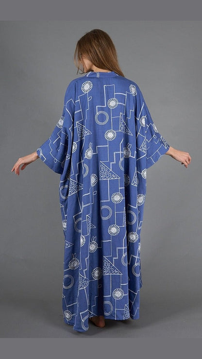 Navy Blue with white embroidery kaftan, lined