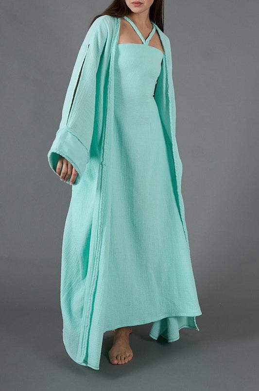 Green Elegant 2-Piece Gauze Kaftan Set, lined