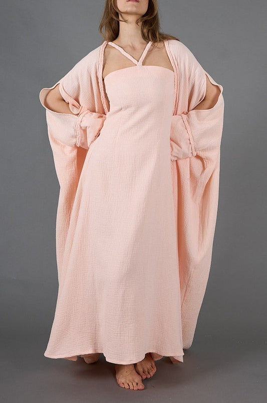 Peach Elegant 2-Piece Gauze Kaftan Set, lined