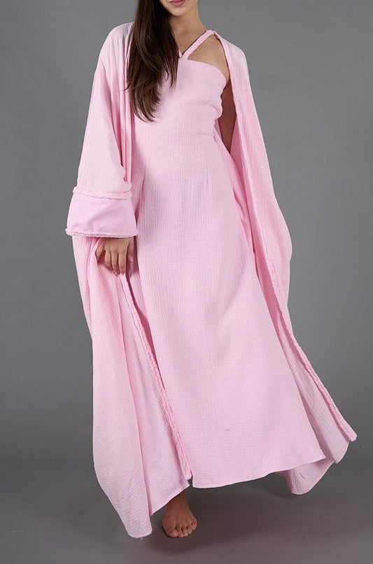 Pink Elegant 2-Piece Gauze Kaftan Set, lined
