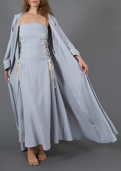 Gray Two piece breezy bliss: gauze hooded kaftan set, lined