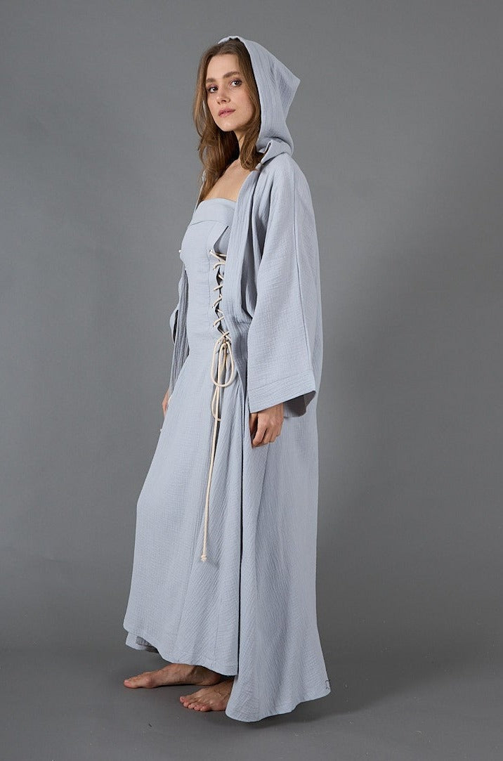 Gray Two piece breezy bliss: gauze hooded kaftan set, lined