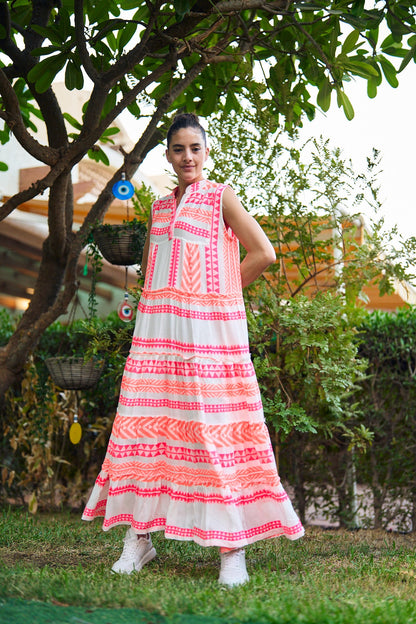 Sleeveless Pink & Orange Maxi Summer Dress