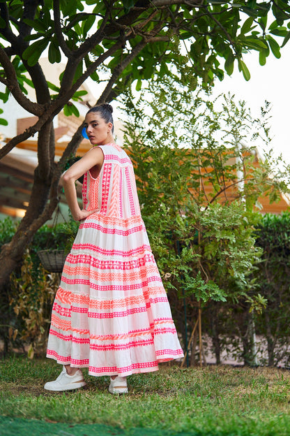 Sleeveless Pink & Orange Maxi Summer Dress