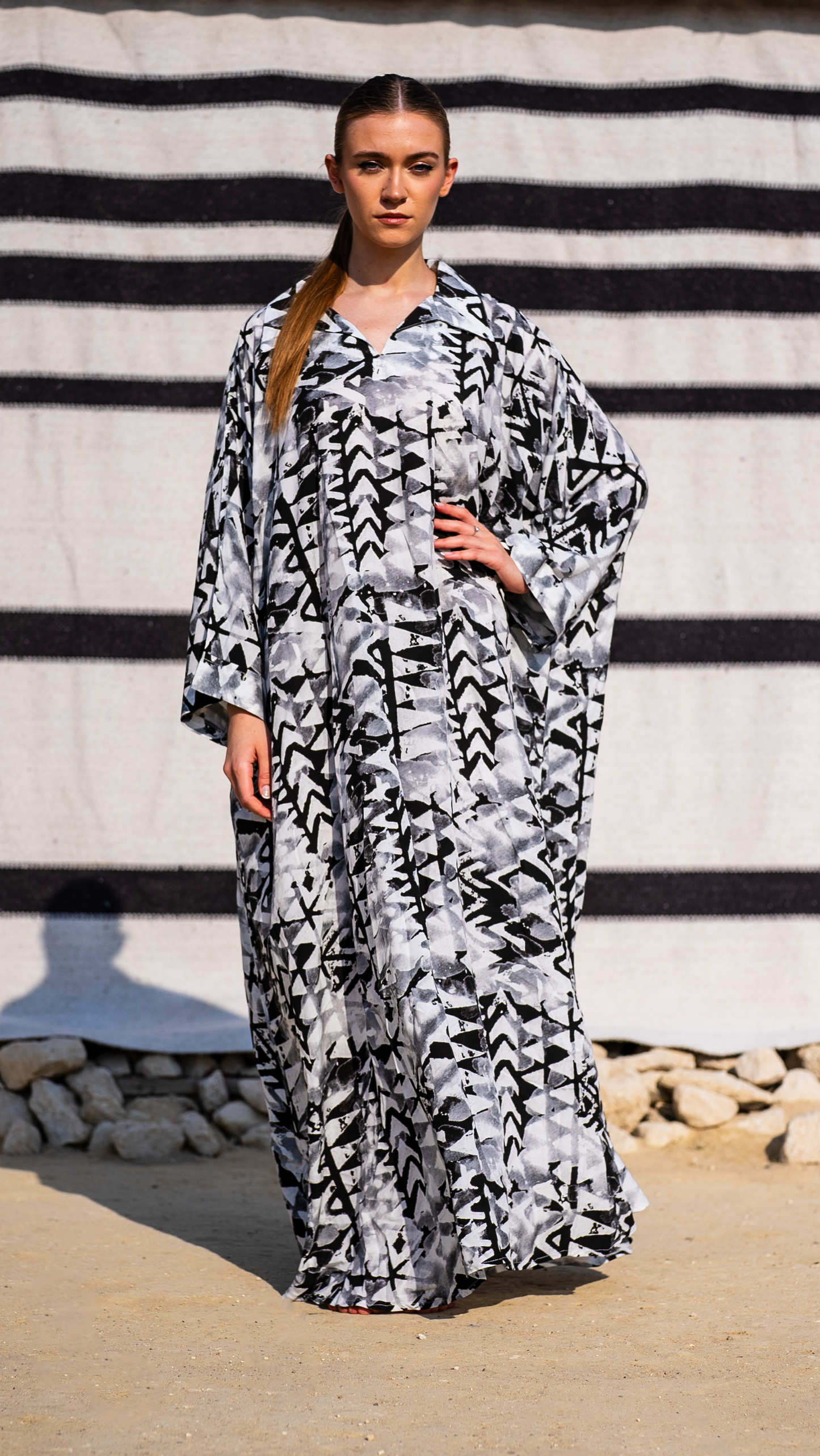 Monochrome Tribal Kaftan - Black & White, 55-Inch Length