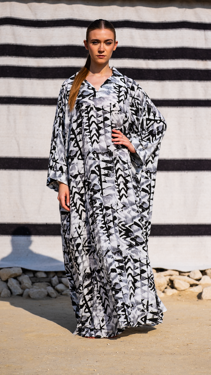 Monochrome Tribal Kaftan - Black & White, 55-Inch Length