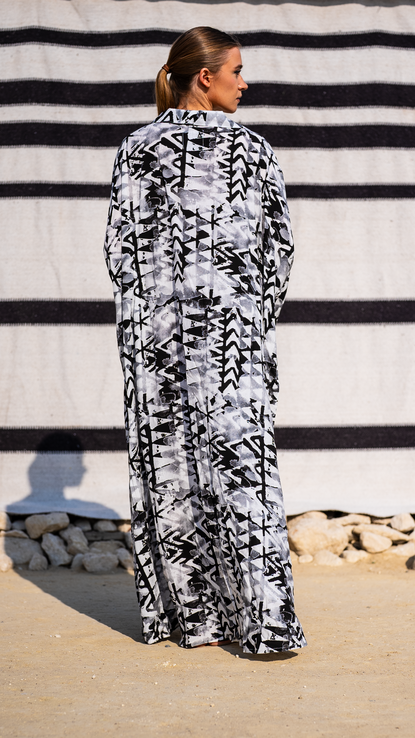 Monochrome Tribal Kaftan - Black & White, 55-Inch Length