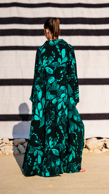 Emerald Garden Kaftan - Green Floral Print, 55-Inch Length