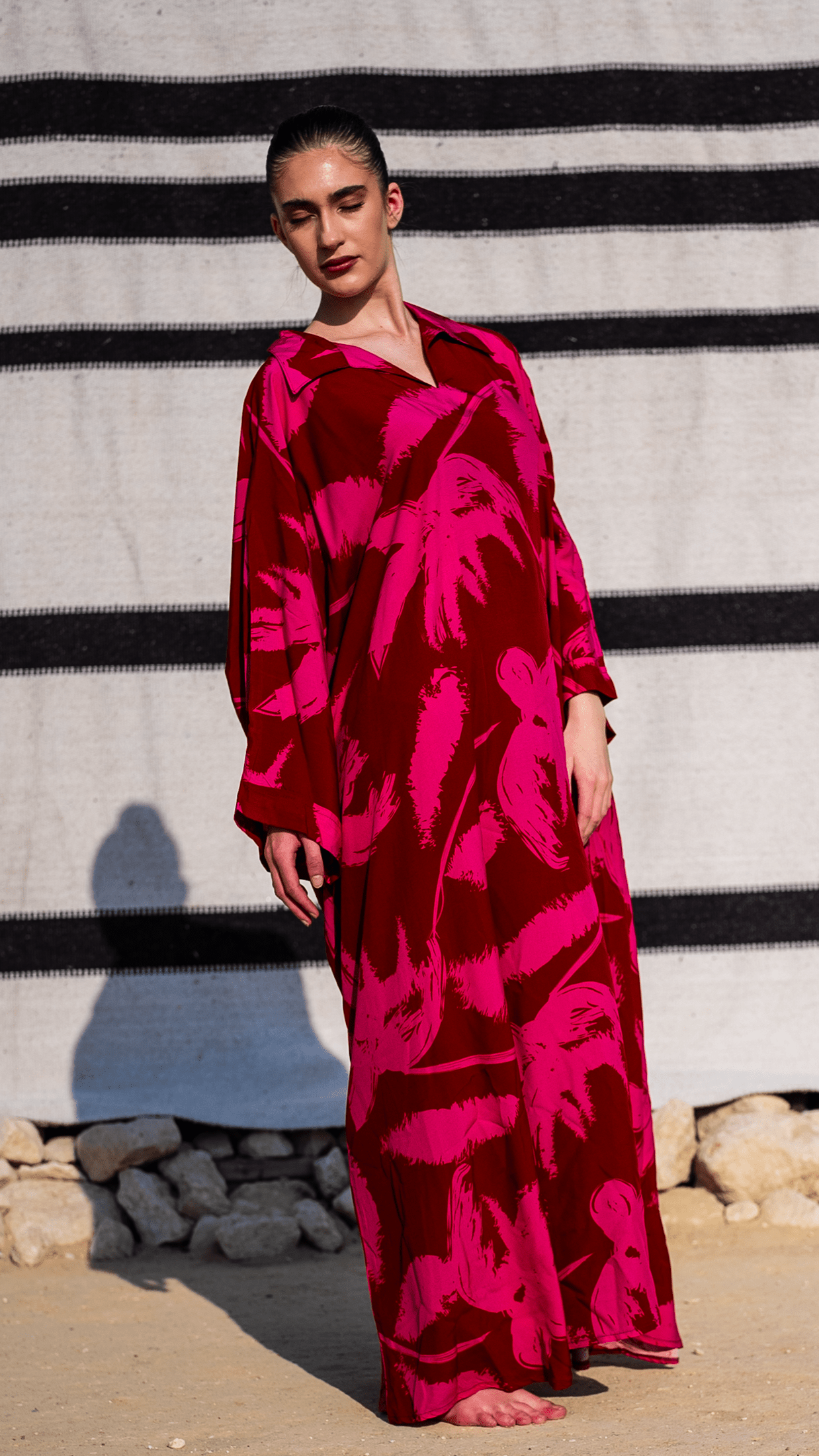 Ruby Passion Kaftan - Maroon & Pink Print, 55-Inch Length