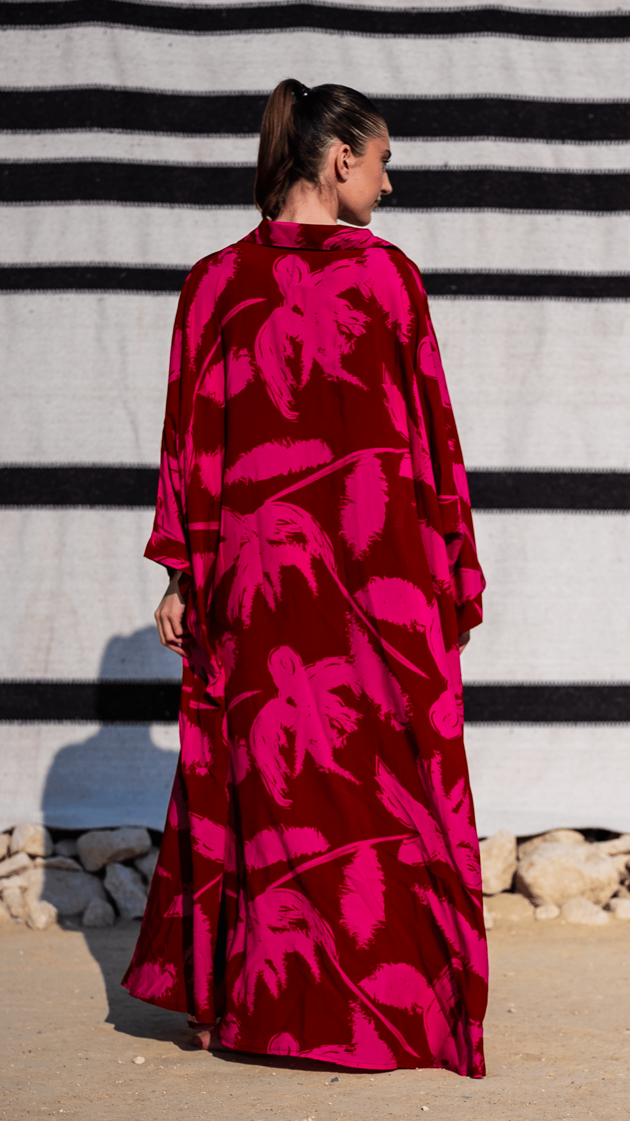 Ruby Passion Kaftan - Maroon & Pink Print, 55-Inch Length