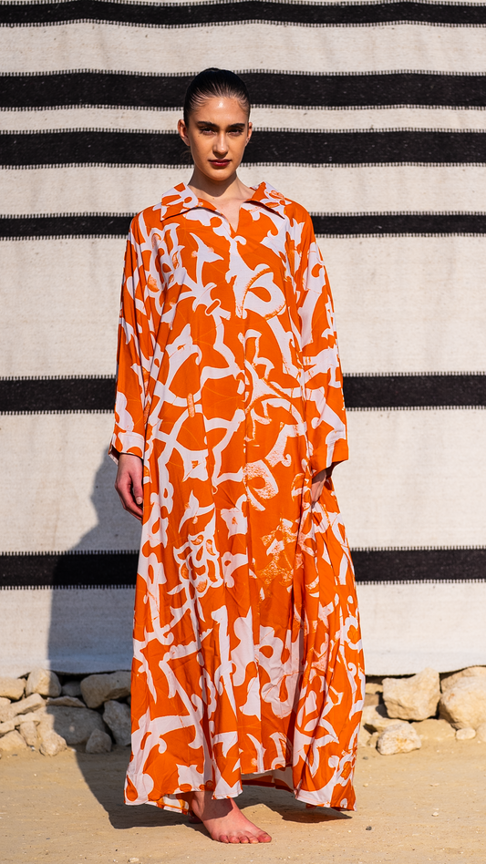 Orange Mirage Kaftan - Abstract Print, 55-Inch Length