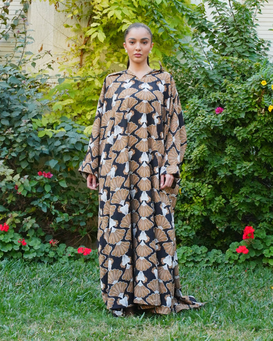 Abstract Floral Kaftan - Black and Beige (Free Size, 55” Length)