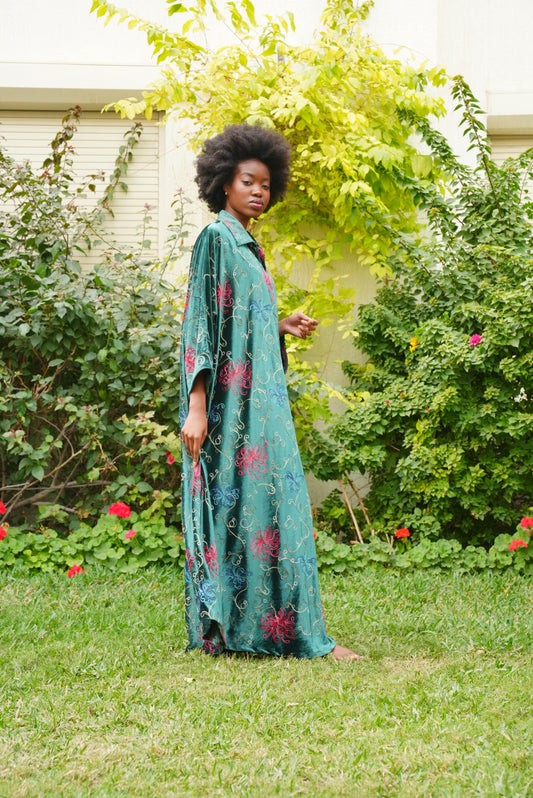 Green Velvet Embroidered Floral Kaftan Kaftan