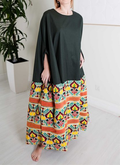 Two-Tone Floral Kaftan with Dark Green Top